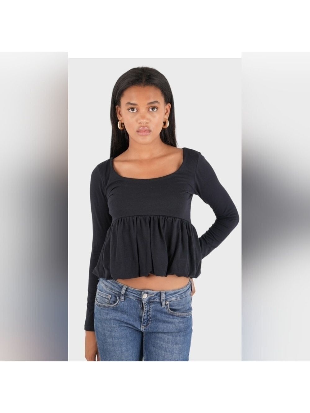 Meet Me There Peplum Navy Blue Long Sleeve Crop Top with Bubble Hem, S/M, NWT